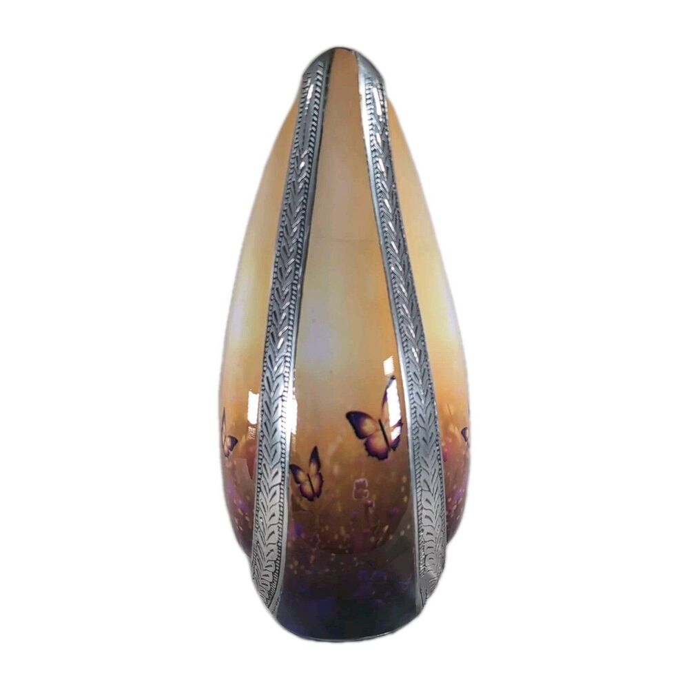 Large 12" Butterfly & Sun Etched Silver Metal Urn Yellow Purple Floral Design - Picture 4 of 6